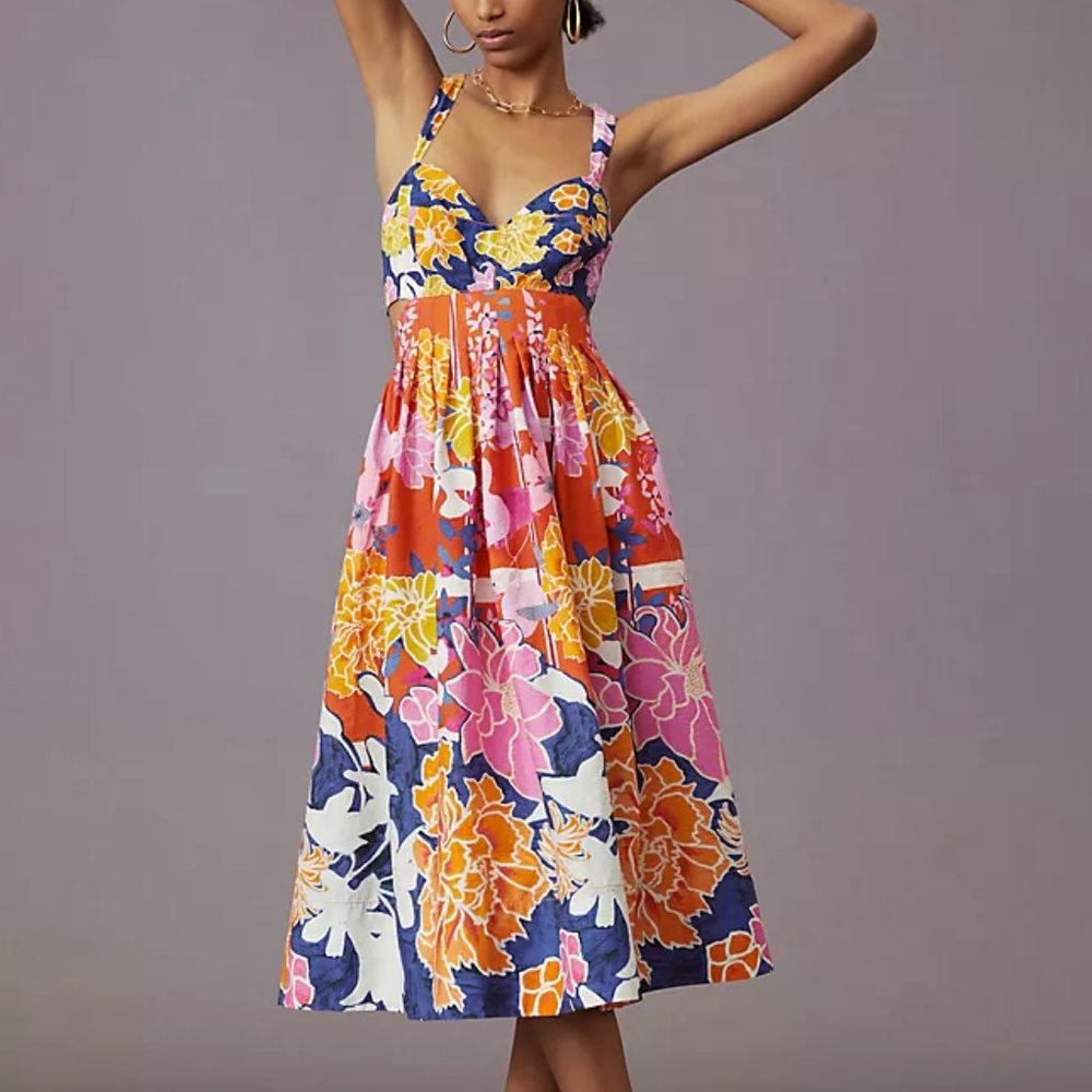 Anthropologie Navy Floral Halter Midi Dress with Pink, Yellow & Orange Blooms - Picture 6 of 10